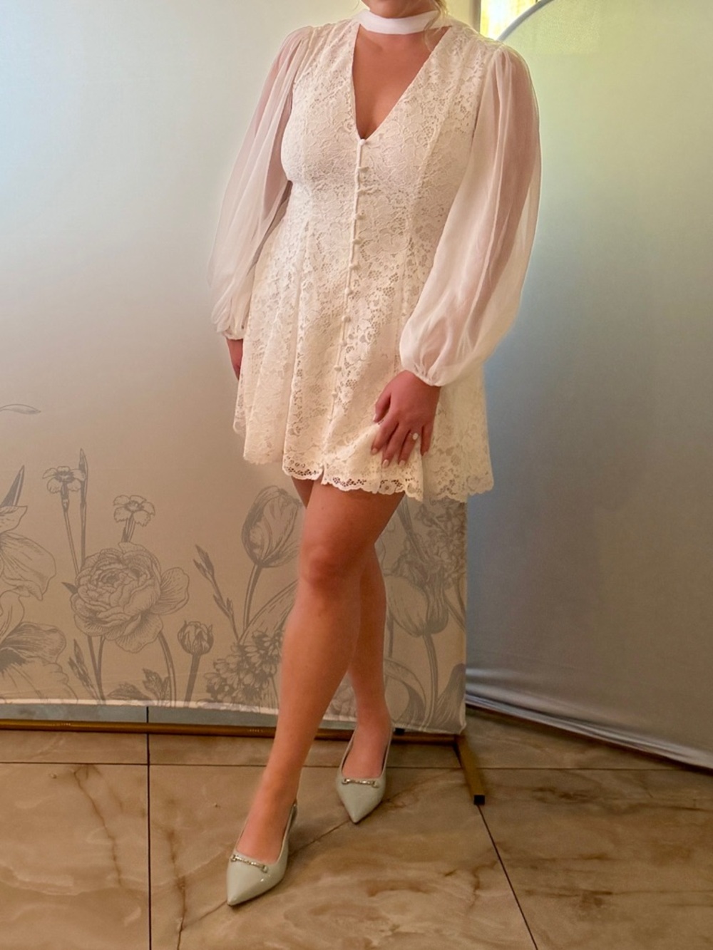 Anthropologie Cream Lace Mini Dress with Sheer Bishop Sleeves
